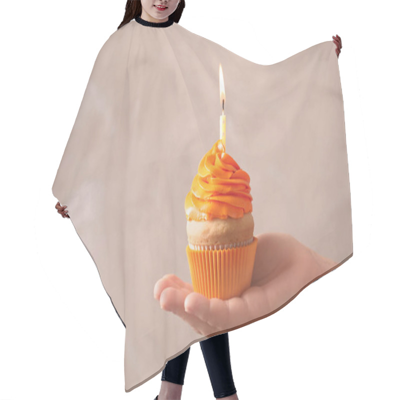 Personality  Woman Holding Birthday Cupcake On Blurred Background Hair Cutting Cape