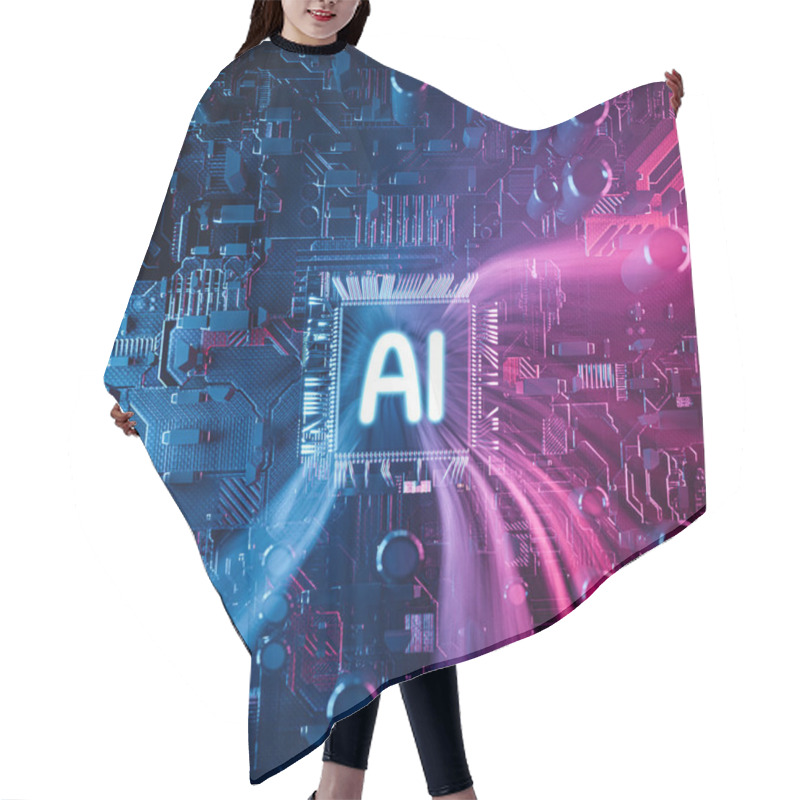 Personality  Processor With A Glowing AI Neon Lines Logo - Artificial Intelligence On A Circuit Board - The Future Of Computer Technology And Machine Automation - 3d Illustration Hair Cutting Cape