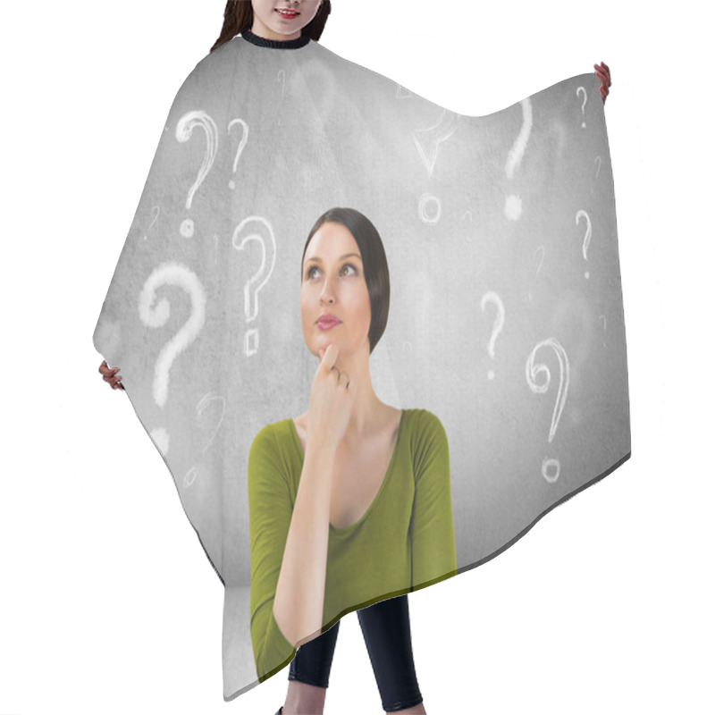 Personality  Beautiful Woman With Questioning Expression And Question Marks A Hair Cutting Cape