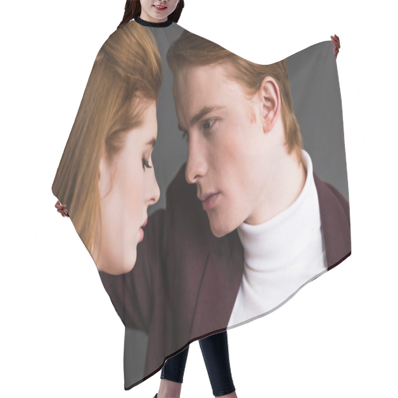 Personality  Side View Of Male Fashion Model Looking At Girlfriend With Earrings Hair Cutting Cape