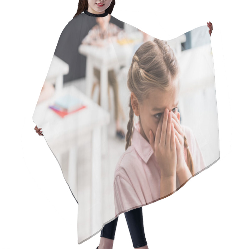 Personality  Selective Focus Of Upset Schoolkid Crying Near Classmates, Bullying Concept  Hair Cutting Cape