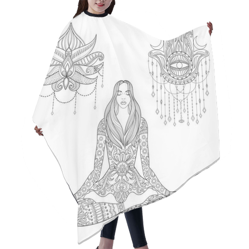 Personality  Woman Sitting In Lotus Position, Hamsa Hand, Flower Tattoo Desig Hair Cutting Cape