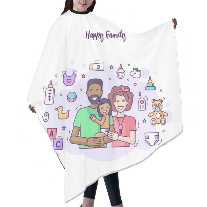 Personality  Horizontal Modern Banner Flat Line Design Happy Family Hair Cutting Cape