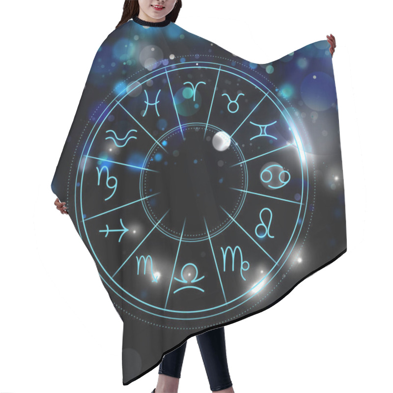 Personality  Illustration Of Zodiac Wheel With Astrological Signs On Dark Background. Bokeh Effect Hair Cutting Cape