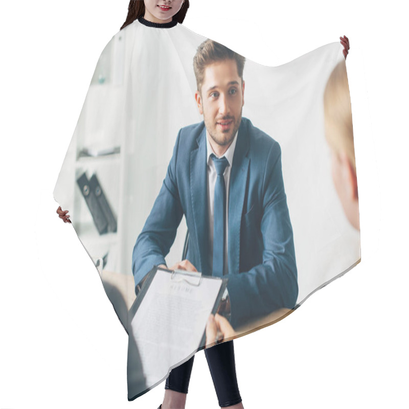 Personality  Selective Focus Of Handsome Employee Looking At Recruiter During Job Interview Hair Cutting Cape