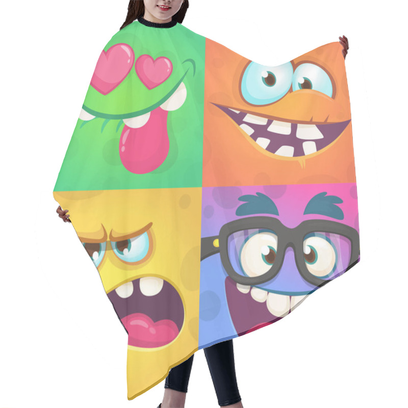 Personality  Cartoon Monster Faces Set. Vector Set Of Four Halloween Monster Faces With Different Expressions. Children Book Illustrations Or Party Decorations Hair Cutting Cape