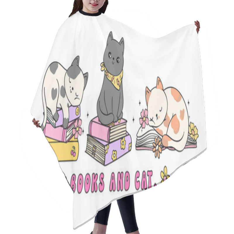 Personality  Cozy Book Vibe Retro Groovy Books And Cat Banner Vibrant And Bold Cartoon Doodle Drawing. Hair Cutting Cape