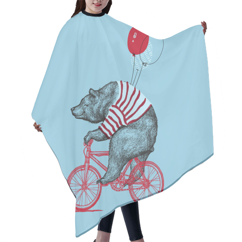 Personality  Bear Ride Bike Balloon Vector Grunge Print. Hipster Mascot Cute Wild Grizzly In Striped Vest On Bycicle Isolated. Blackwork Tattoo Animal Character Outline Sketch. Teddy Design Flat Illustration Hair Cutting Cape