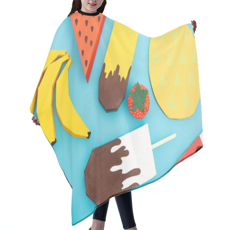 Personality  Top View Of Paper Summer Fruits And Ice Cream On Blue Background Hair Cutting Cape