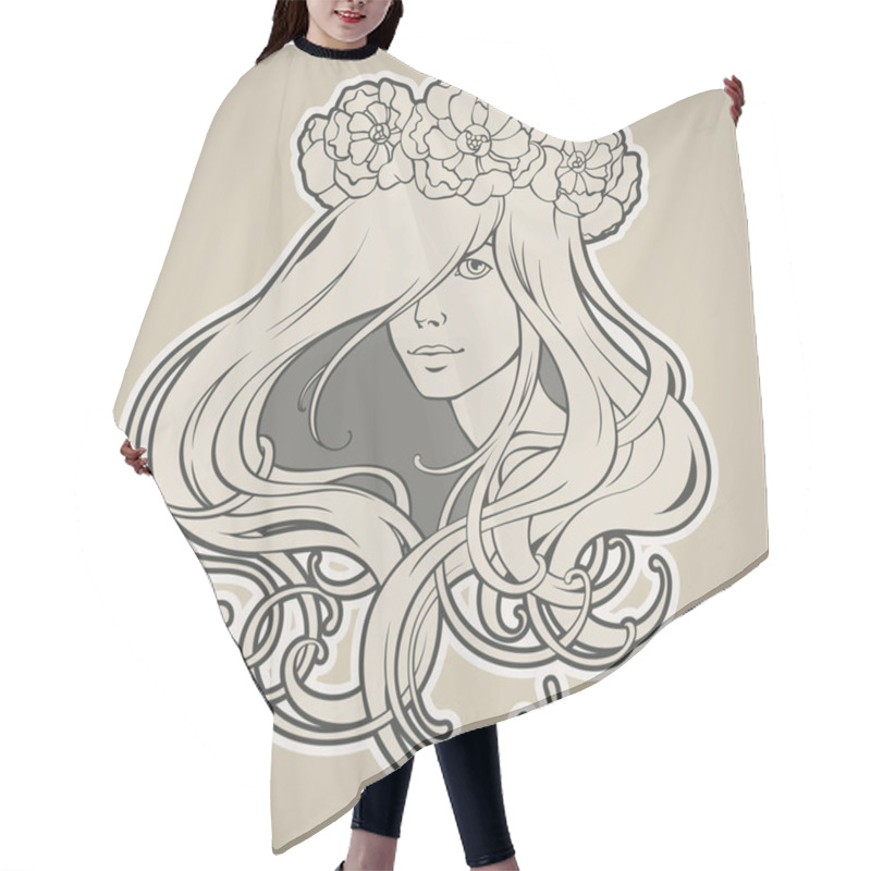 Personality  Art Nouveau Styled Girl With Long Hair In Wreath Hair Cutting Cape