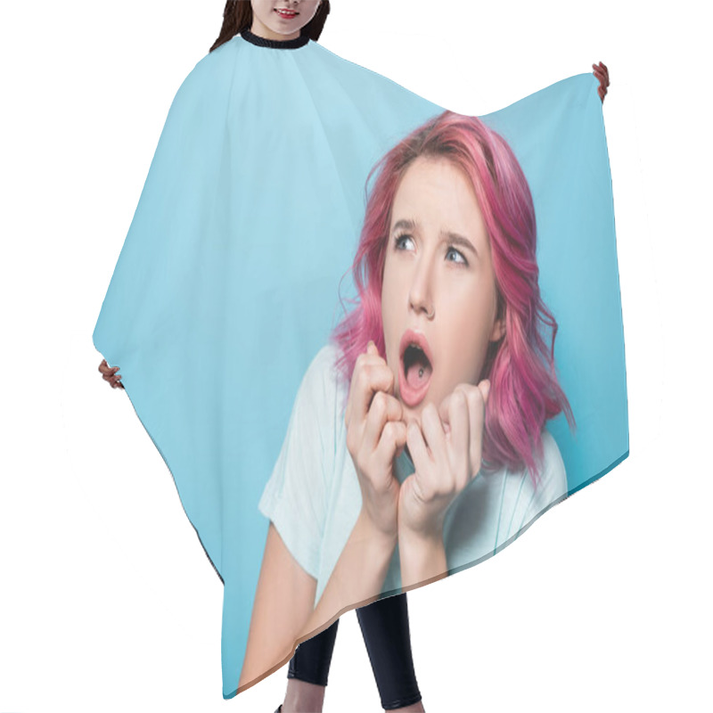 Personality  Scared Young Woman With Pink Hair On Blue Background Hair Cutting Cape