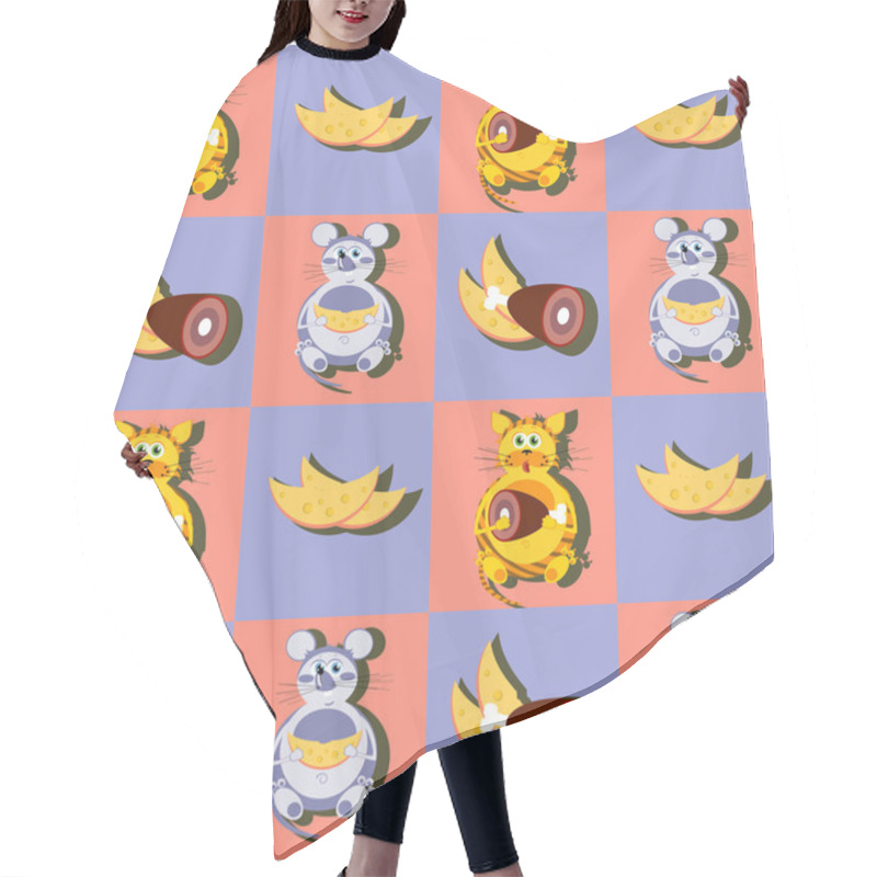 Personality  Decorative Cartoon Cat And Mouse With His Favorite Food, Cheese And Meat Seamless Pattern Hair Cutting Cape