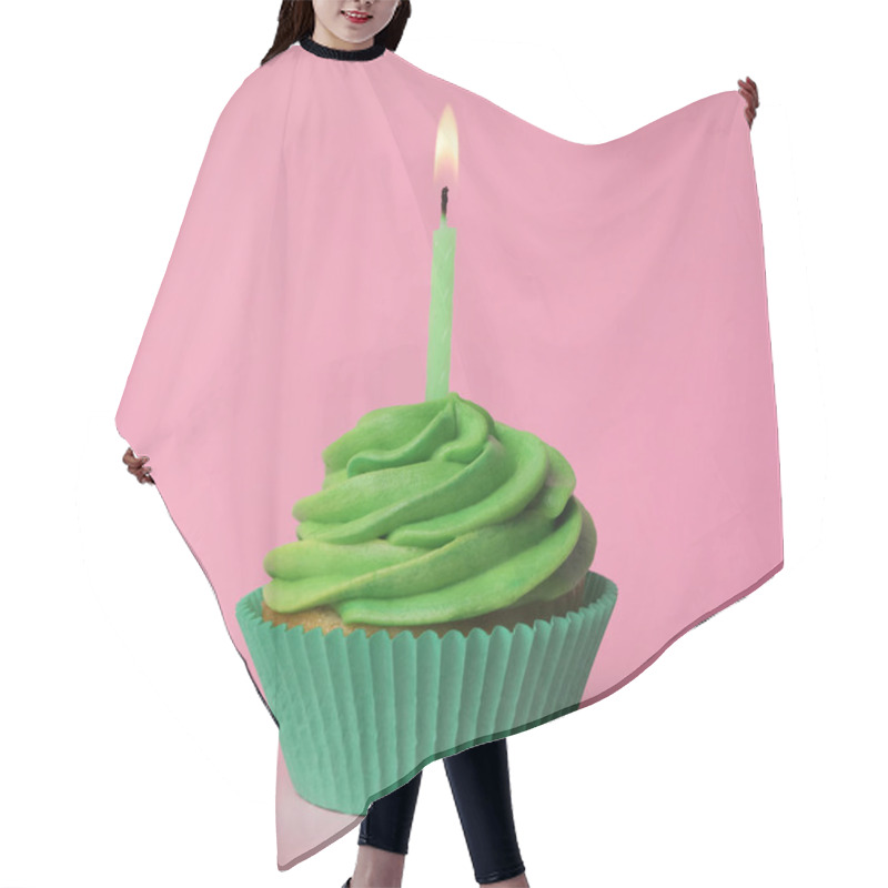 Personality  Delicious Birthday Cupcake With Green Cream And Burning Burning  Hair Cutting Cape