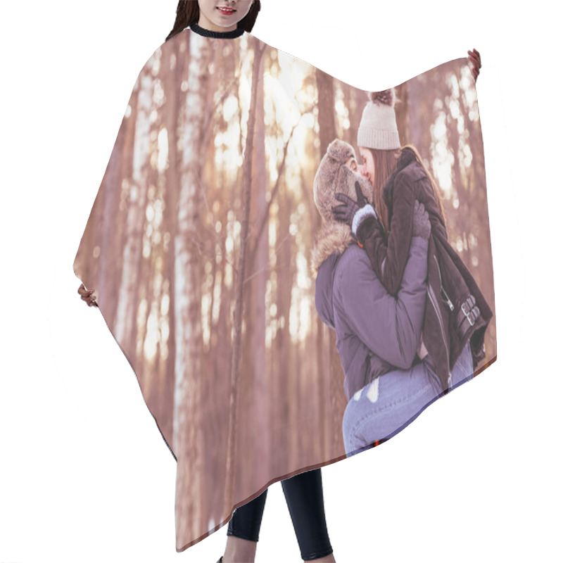 Personality  Young Couple Is Walking In The Forest During Winter. Nice Scenery For Romantic Walk Hair Cutting Cape