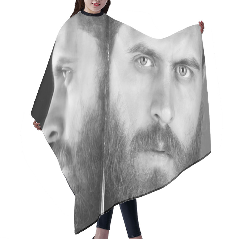 Personality  Face Of Serious Bearded Hipster Man, Businessman Reflecting In Mirror Hair Cutting Cape