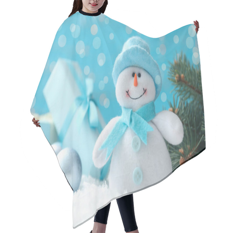 Personality  Snowman Toy, Fir Tree And Christmas Ball On Snow Against Blurred Festive Lights, Closeup Hair Cutting Cape