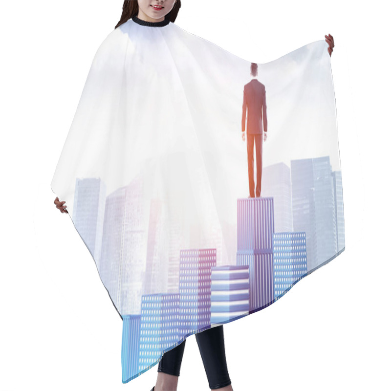 Personality  Rear View Of Young Businessman Standing On Big Bar Chart And Looking At Blurry Cityscape. Concept Of Stock Market And Investment. Toned Image Hair Cutting Cape