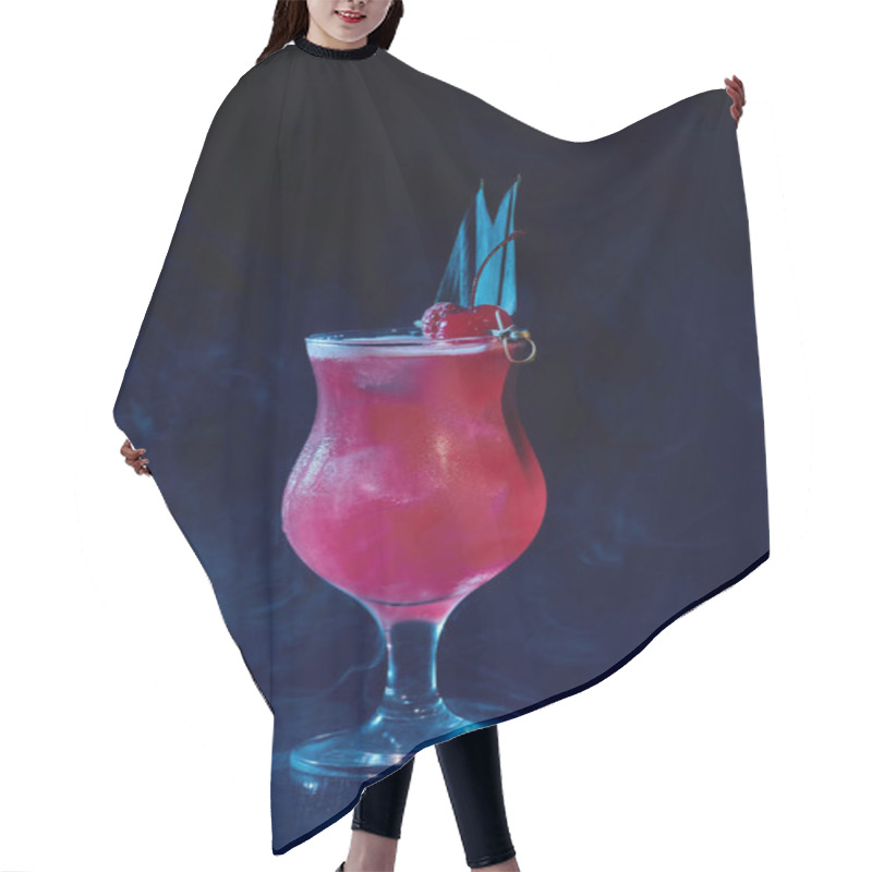 Personality  Exotic Singapore Sling Cocktail With Raspberry Garnishing On Black Smokey Backdrop, Concept Hair Cutting Cape