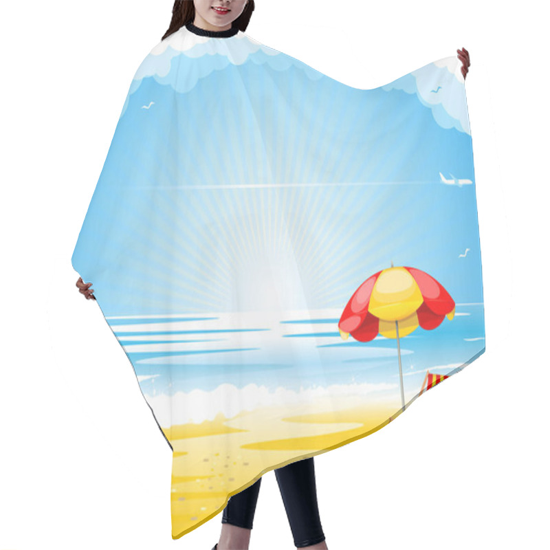 Personality  Beautiful Sandy Beach With A Deck Chair And An Umbrella Awaits Tourist. Blue Calm Sea And Sky With Airplane Flying In The Clouds. Summer Holiday Background, Illustration, Vector Hair Cutting Cape