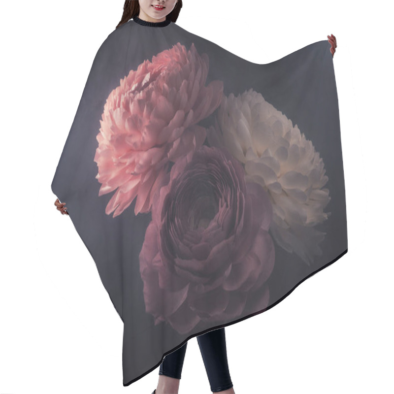 Personality  Large Flowers Made Of Foamiran And Paper On A Dark Background, Hand-made Rosebuds And Peonies, Homemade Compositions And Fire Flowers For Decoration And Design Hair Cutting Cape