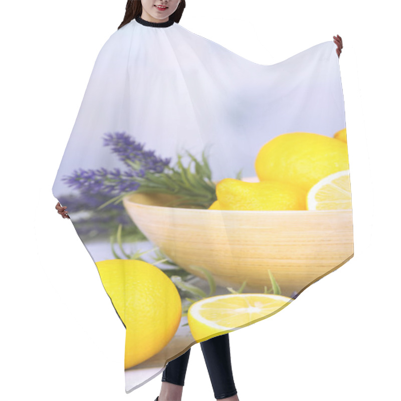 Personality  Still Life With Fresh Lemons And Lavender On Light Background Hair Cutting Cape