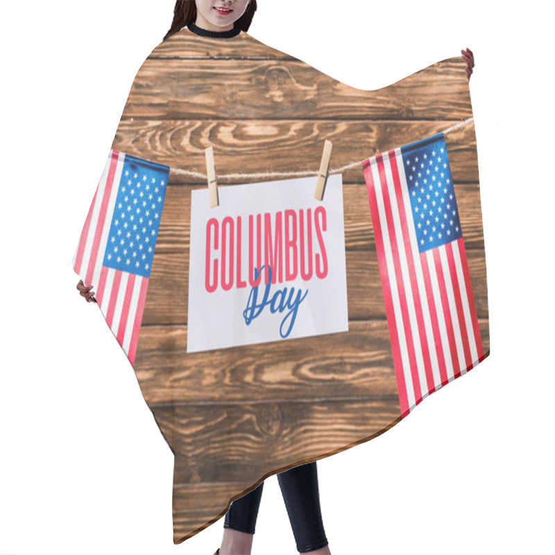 Personality  Card With Columbus Day Lettering Hanging On String With Pins And American Flags On Wooden Background Hair Cutting Cape