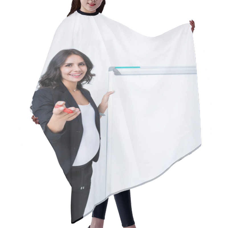 Personality  Pregnant Businesswoman With Blank Whiteboard Hair Cutting Cape