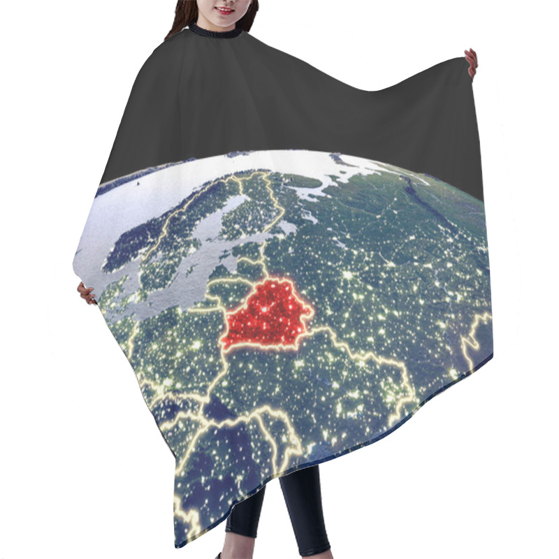 Personality  Belarus From Space On Planet Earth At Night With Bright City Lights. Detailed Plastic Planet Surface With Real Mountains. 3D Illustration. Elements Of This Image Furnished By NASA. Hair Cutting Cape