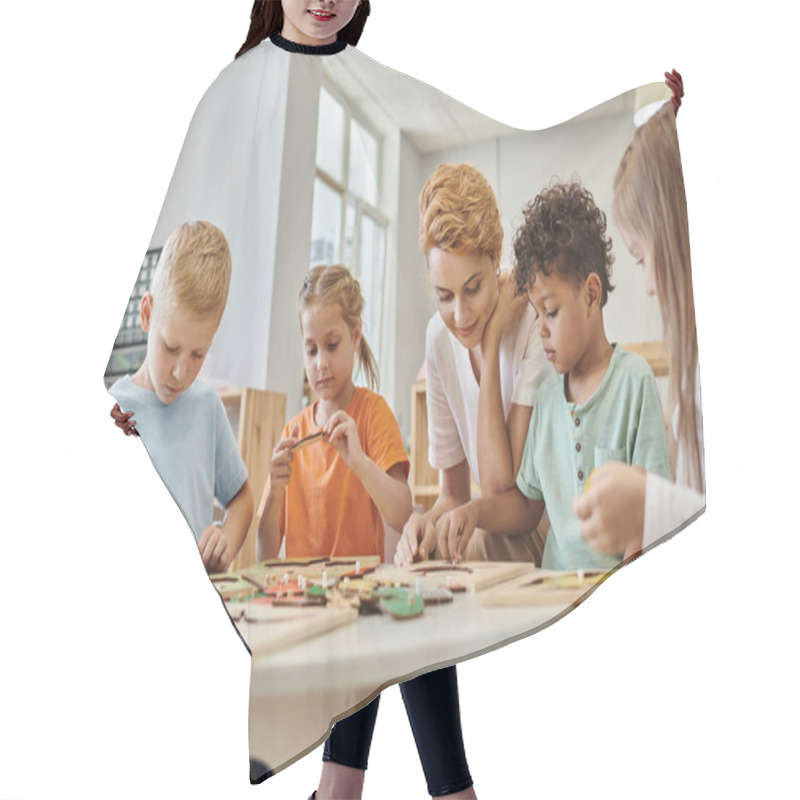 Personality  Interracial Children Playing Game Near Teacher In Class In Montessori School Hair Cutting Cape