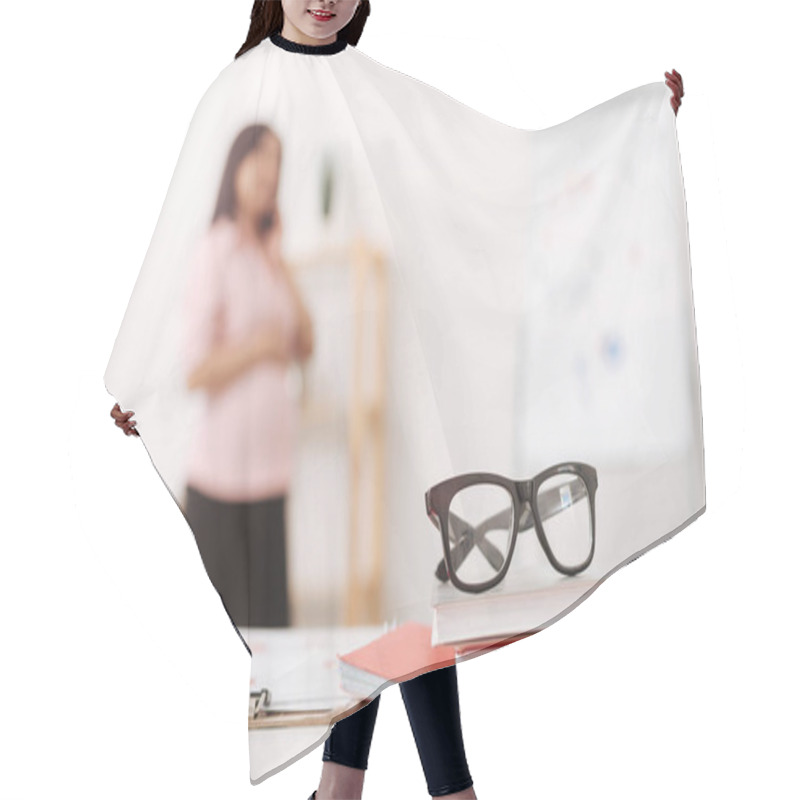 Personality  Selective Focus Of Glasses With Pregnant Woman Talking On Phone Hair Cutting Cape