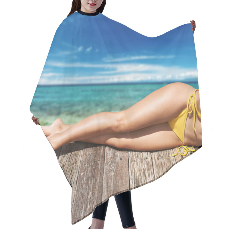 Personality  Woman Relaxing On Jetty Hair Cutting Cape