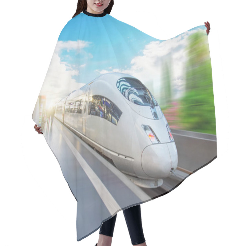 Personality  High Speed Train Passes By The Passenger Station At Fast Velocity With The Effect Of Movement Hair Cutting Cape