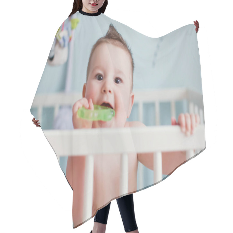 Personality  Little Baby Boy With Teether Standing In His Crib In Light Room Hair Cutting Cape