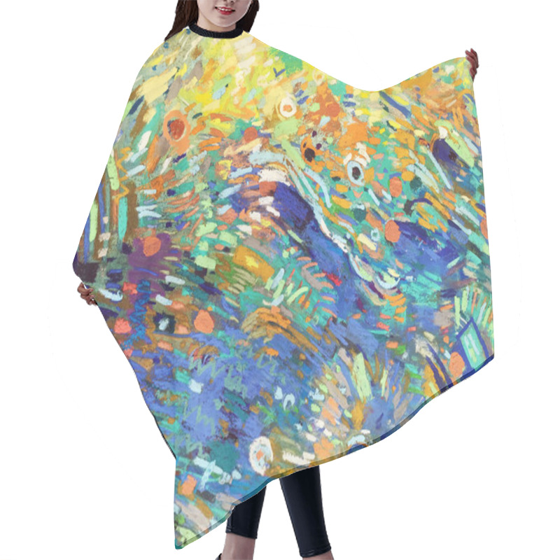 Personality  Abstract Expressionism Style With Light Clouds, Blue Sky. Modern Textures With Multicolored Dots, Vivid Spots, Impressionistic Strokes. Artistic Vibrant Background Nonskid Paint. Naive Backdrop. Hair Cutting Cape