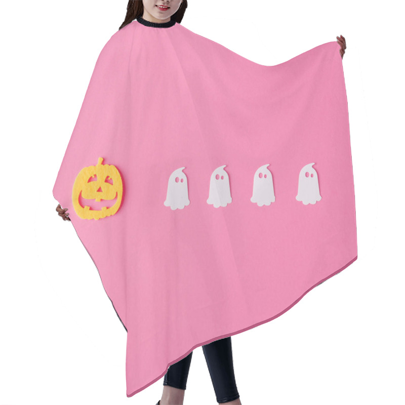 Personality  Creative Layout Made With Jack O Lantern And Ghosts. Minimal Flat Lay. Halloween Concept. Hair Cutting Cape