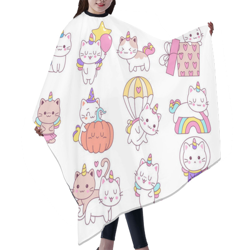 Personality  Cute Unicorn Cats Animal Fantasy Characters Girly Doodles For Birthday Party, Halloween, Baby Shower Greeting Card. Fairytale Baby Pet Happy Kitten Mascot With Single Horn Vector Illustration Hair Cutting Cape