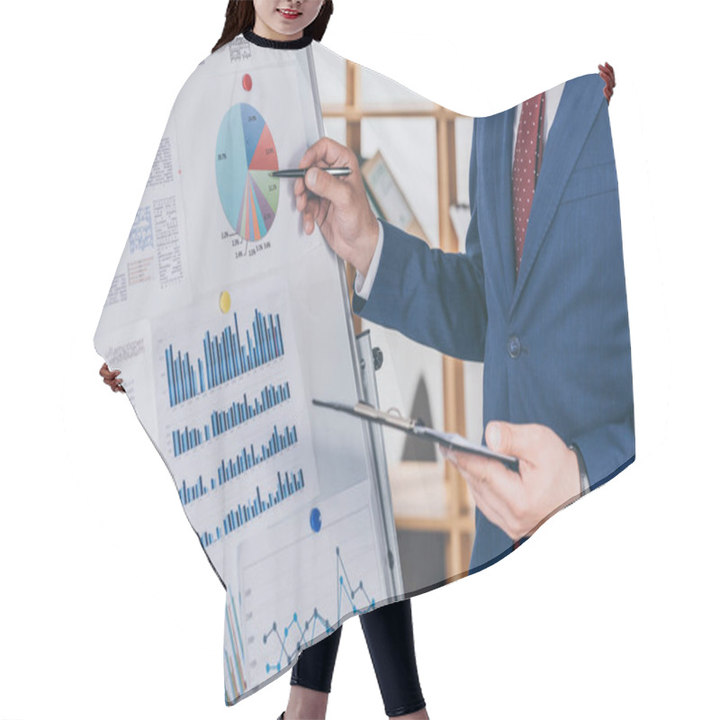 Personality  Cropped View Of Businessman In Formal Wear Analyzing Infographics On Flipchart Hair Cutting Cape