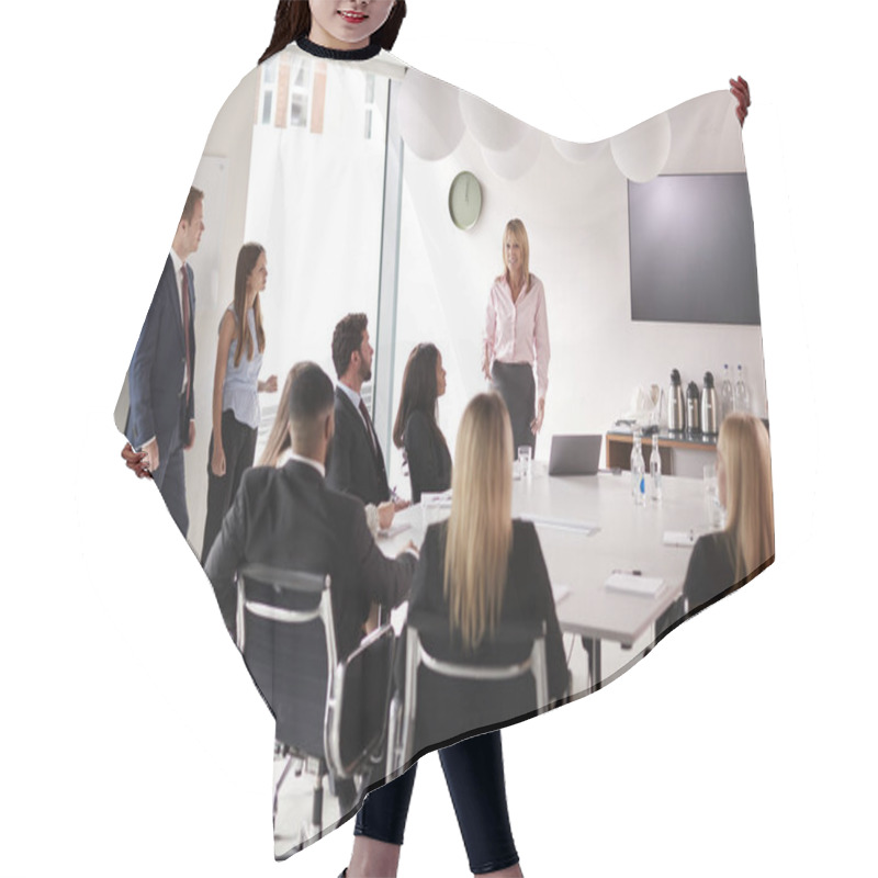 Personality  Mature Businesswoman Addressing Group Meeting Around Table At Graduate Recruitment Assessment Day Hair Cutting Cape