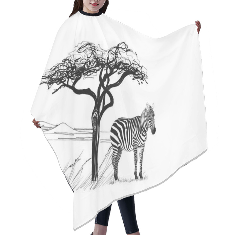 Personality  Zebra Near A Tree In Africa. Hand Drawn Illustration. Collection Of Hand Drawn Illustrations (originals, No Tracing) Hair Cutting Cape