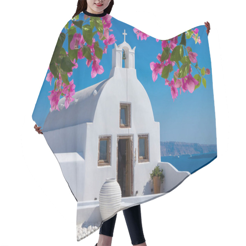 Personality  View Of Santorini Oia In Greece With With Bougainvillea Flower Hair Cutting Cape