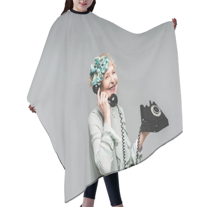 Personality  Stylish Senior Woman Talking By Rotary Phone Isolated On Grey Hair Cutting Cape