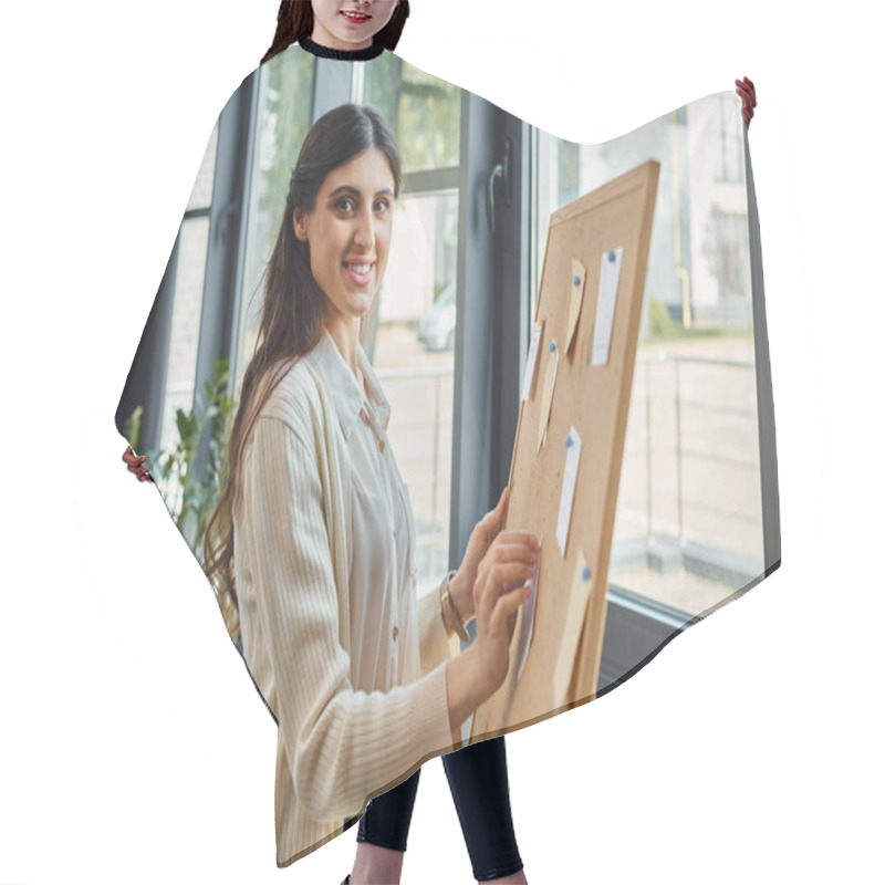 Personality  A Modern Businesswoman Stands By A Window, Near Board In A Contemporary Office Setting. Hair Cutting Cape