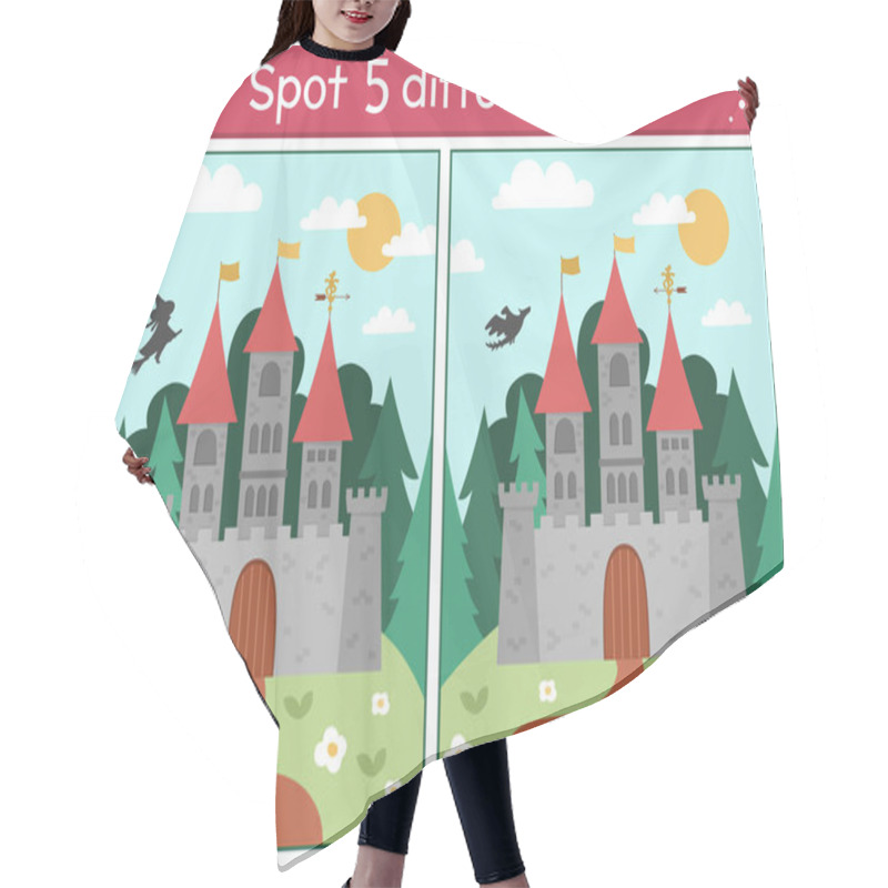 Personality  Find Differences Game For Children. Fairytale Educational Activity With Cute Castle On A Hill. Magic Kingdom Puzzle For Kids With Fantasy Character. Fairy Tale Printable Worksheet Or Pag Hair Cutting Cape