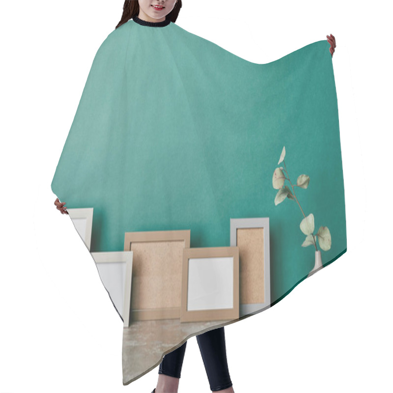 Personality  Vase With Eucalyptus Branch And Different Photo Frames On Green Background Hair Cutting Cape