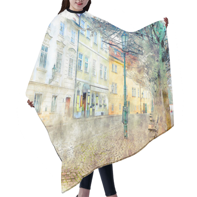 Personality  Watercolor Style And Abstract Illustration Of Prague Alley With Old Houses, Antique Street Hair Cutting Cape