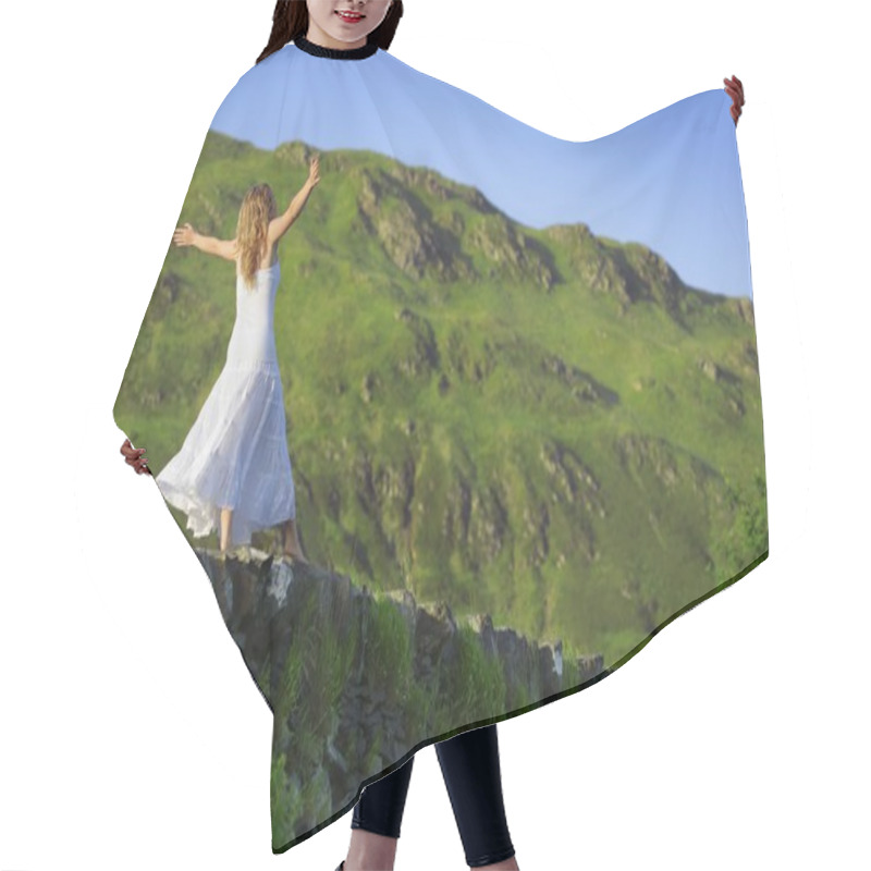 Personality  Young Woman Balancing On Rock Wall Ledge Hair Cutting Cape