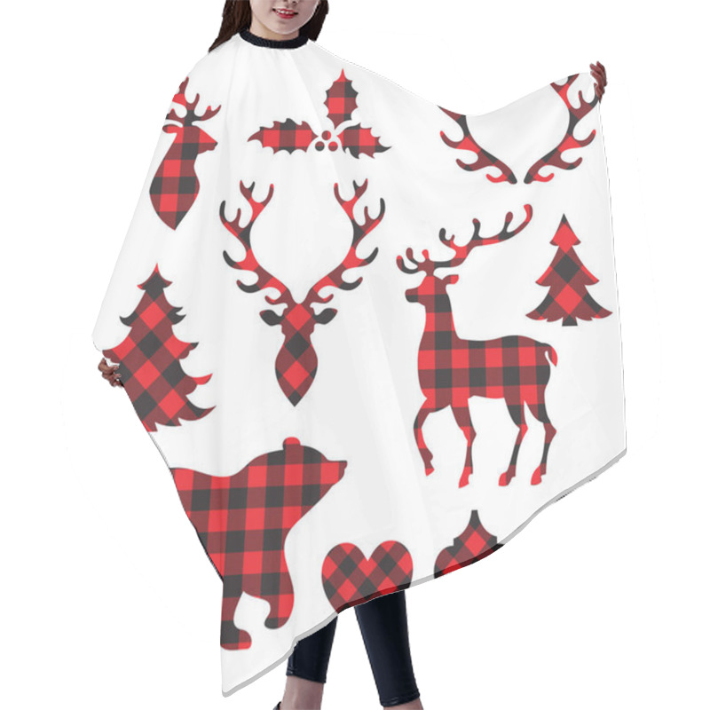 Personality  Lumberjack Buffalo Plaid Texture Silhouettes. Christmas Decor. Reindeer, Bear, Christmas Tree, Horns, Star, Heart Shapes Hair Cutting Cape