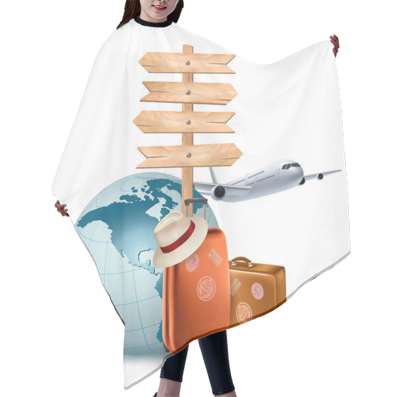 Personality  Two Travel Suitcases, A Plane, A Globe And A Direction Sign. Vec Hair Cutting Cape