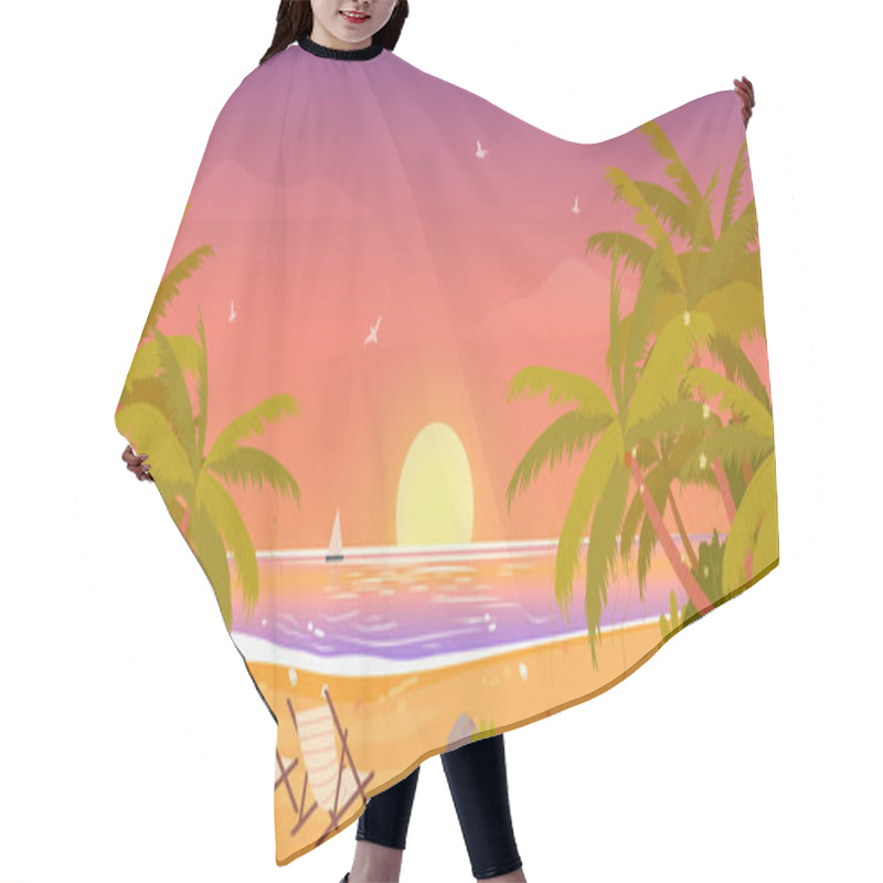 Personality  Sunset On Tropical Beach, Tropic Paradise Vacation Landscape, Palm Trees, Setting Sun Hair Cutting Cape