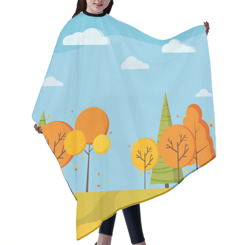 Personality  Autumn Scenic Field Landscape Background With Yellow And Orange Trees, Spruces, Fields, River, Clouds, Birds Crane Wedge In Cartoon Style. Cute Vector Flat Design Nature Background Illustration. Hair Cutting Cape